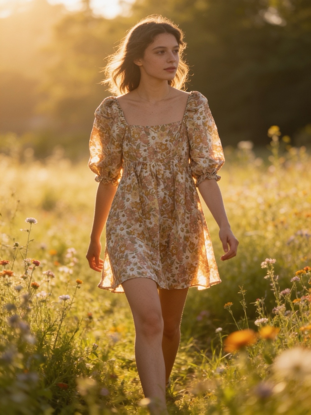 Storia Floral Puff-Sleeve Mini Dress in Mustard and Cream
